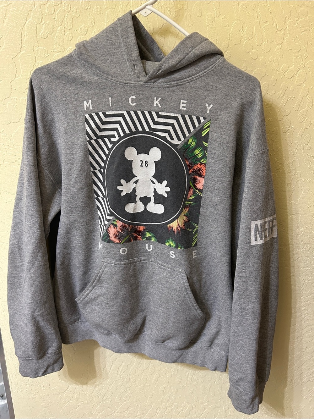 Neff Gray Mickey Mouse Graphic Hoodie with Floral Accent (Unisex)